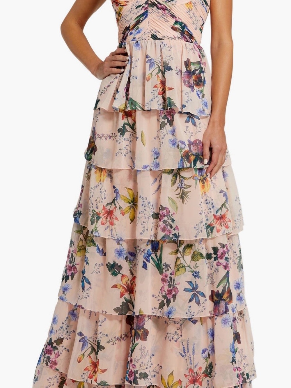 Mac Duggal Blush Pink ruffle sleeve Floral Tiered Maxi Skirt size 10